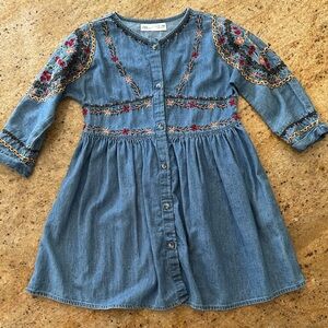 Zara Blue Denim Dress with Multicolor Embroidery